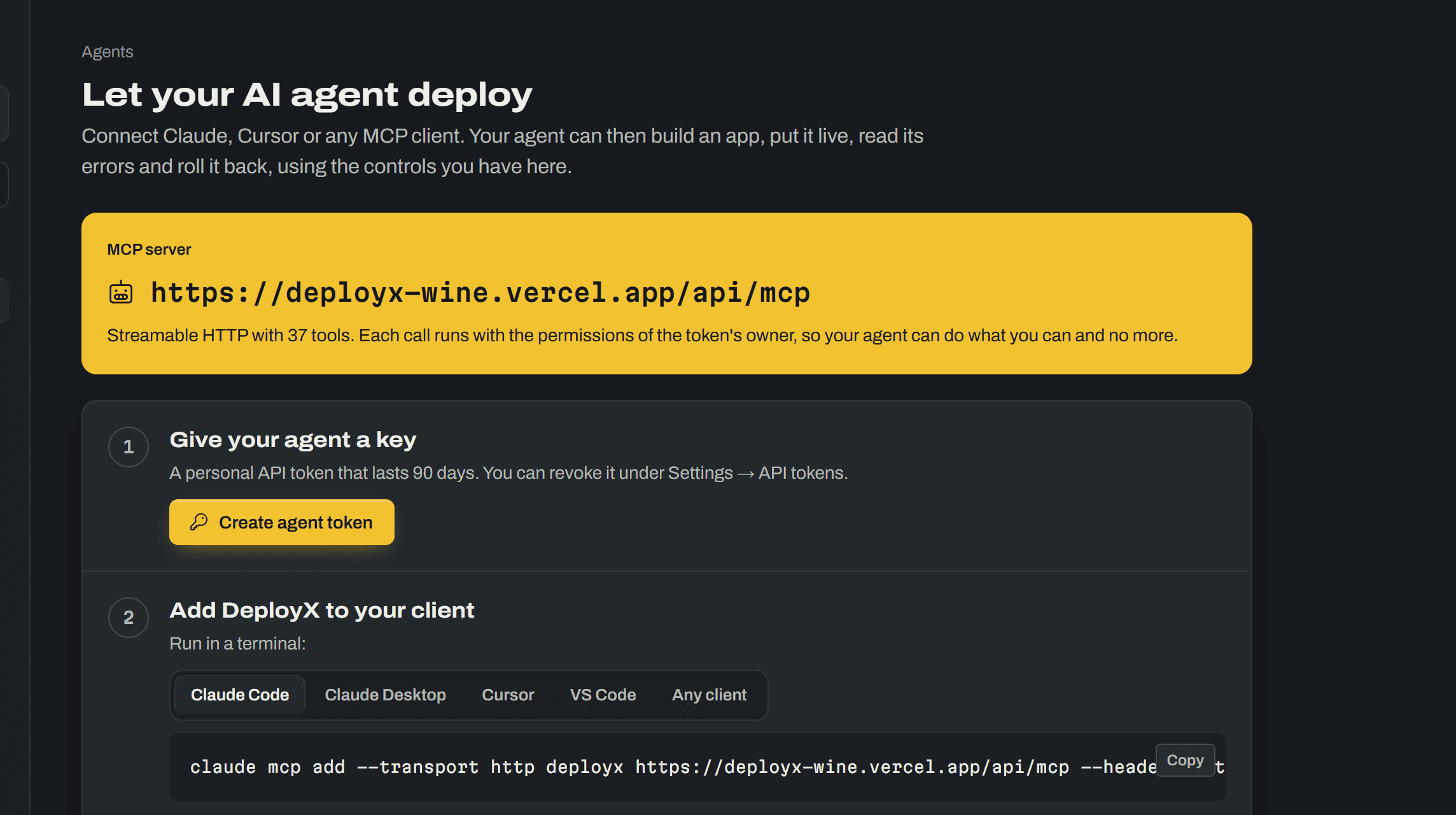 The DeployX screen for: Ask your agent