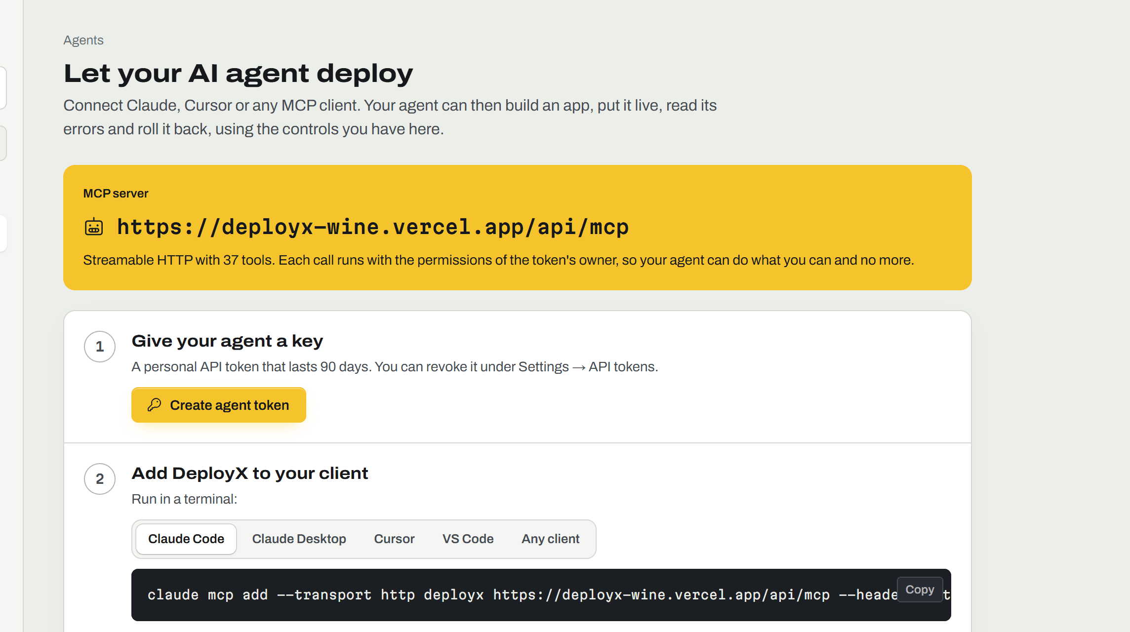 The DeployX screen for: Ask your agent