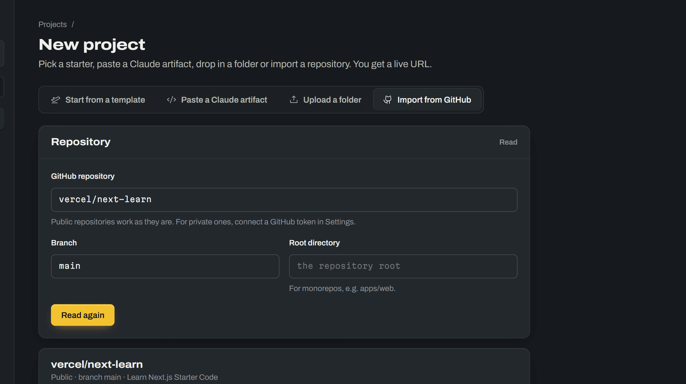 The DeployX screen for: Import a repository