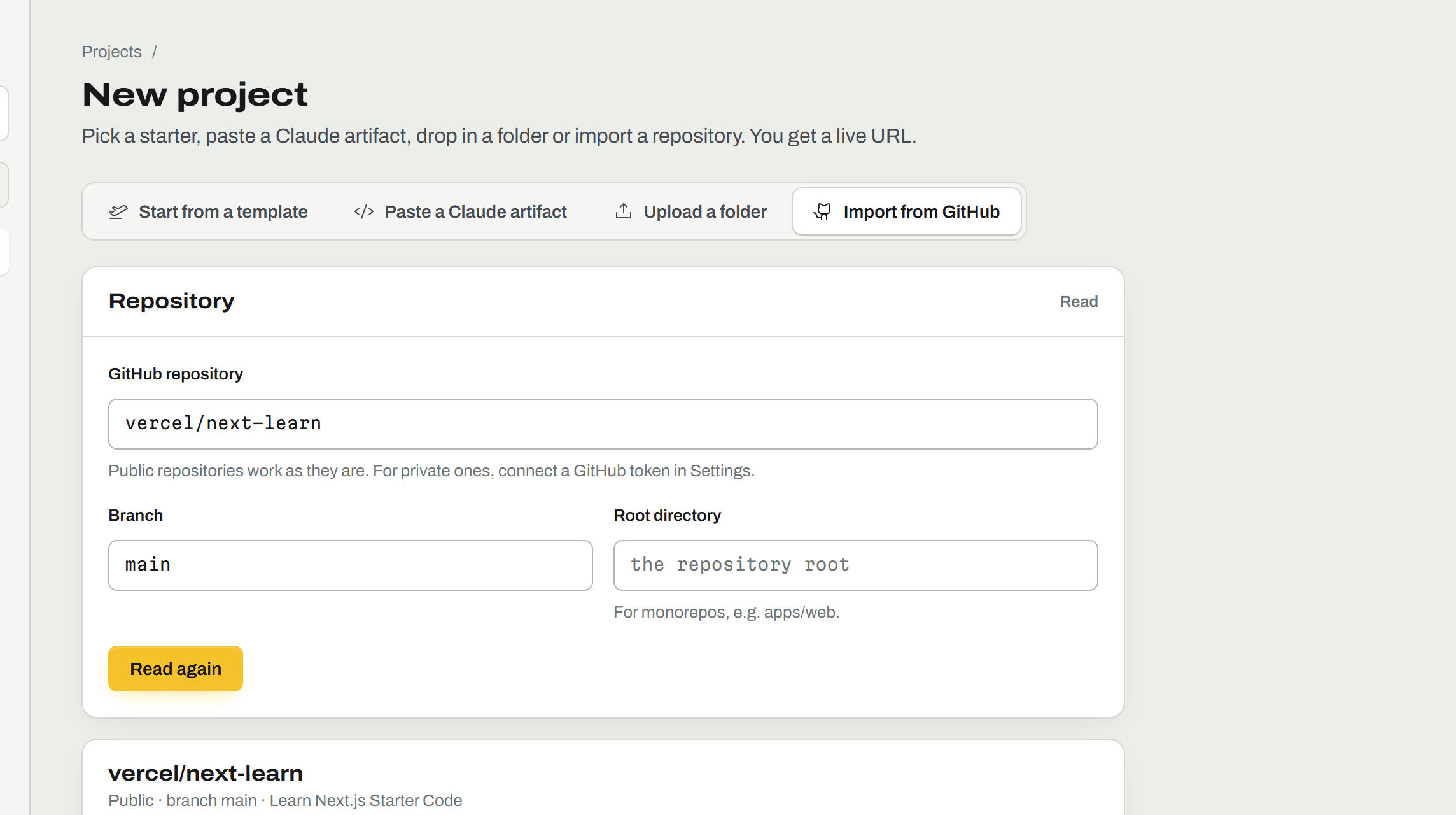 The DeployX screen for: Import a repository
