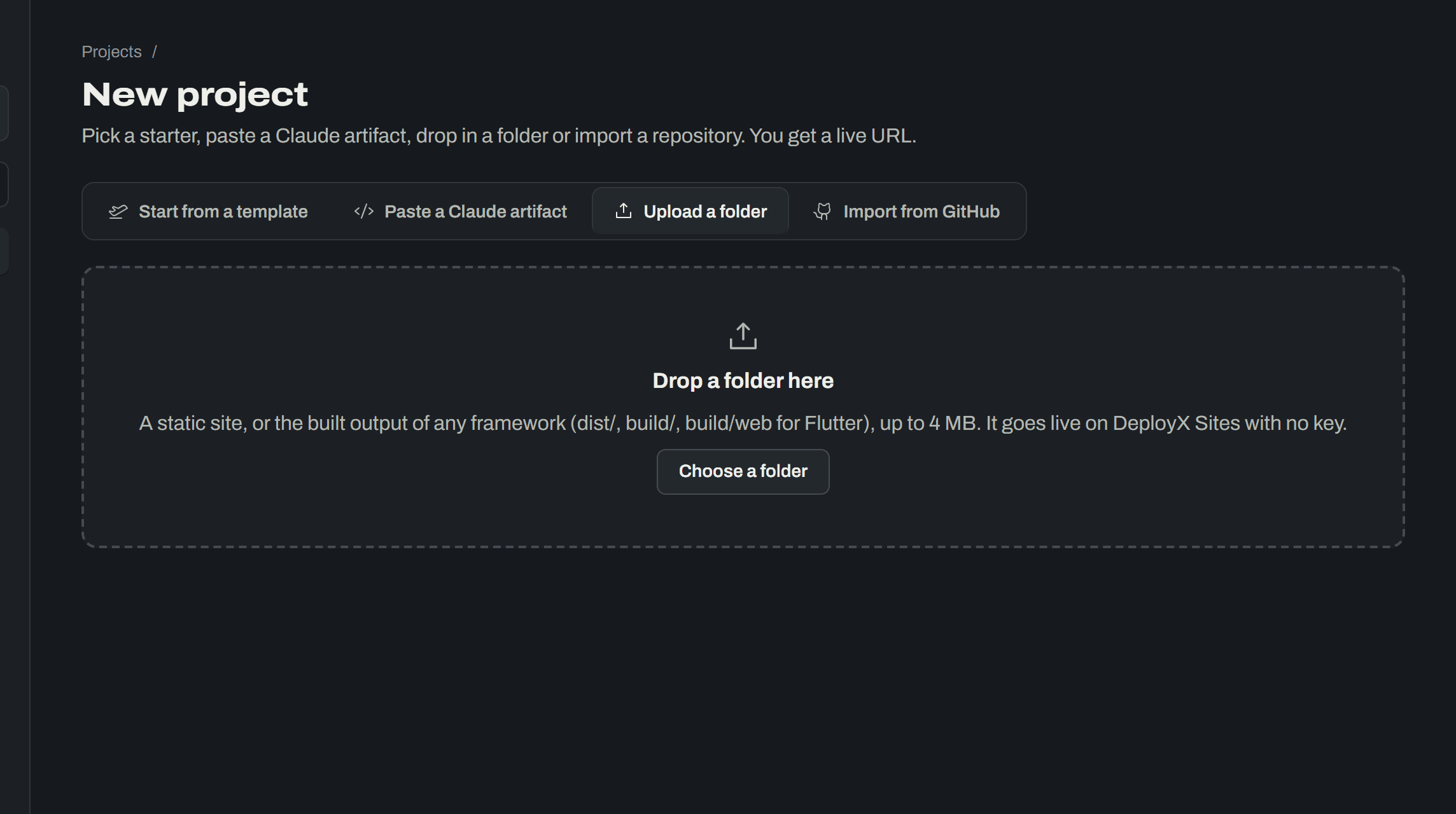 The DeployX screen for: Drop a folder