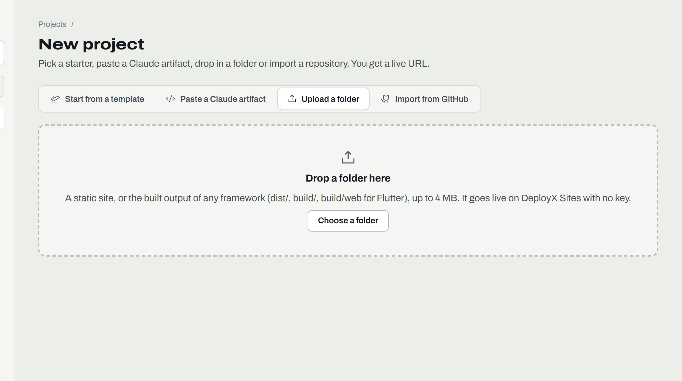 The DeployX screen for: Drop a folder